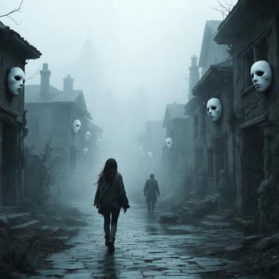 The primary subject of the image is a woman walking down a street. She is wearing a black jacket and appears to be the main focus of the scene. The setting is a foggy, old town with a haunting atmosphere. The visual style is a photo, capturing the woman's presence in the foggy environment. The colors and mood are predominantly dark and moody, with the fog and the woman's clothing contributing to the overall ambiance.